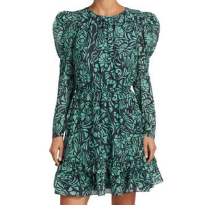 TANYA TAYLOR Telissa Silk Dress Ruffle Women's Size 6 Puff Long Sleeve Crew-neck